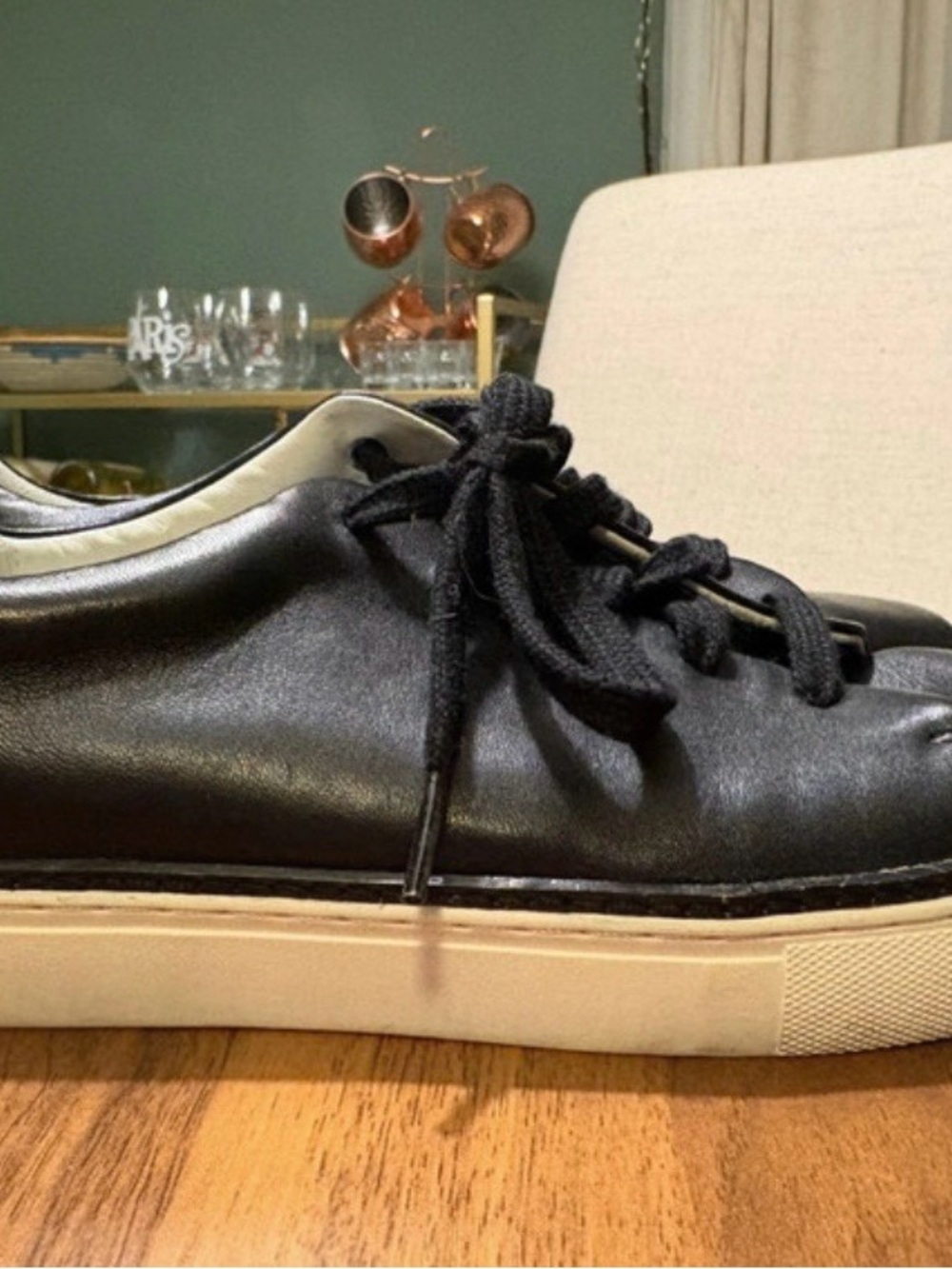 Women’s Black Leather Low-Top Sneakers with White Sole